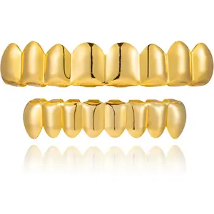 Grillz 14K Plated Gold Grills for Teeth Men 6-8 Teeth Caps Top Bottom Set Mens Mouth Dental Grillz Teeth Vampire Fangs