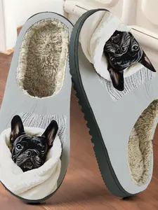Cute French Bulldog Plush Cotton Slippers, Soft Healing Style, Non-Slip Thick Sole, Home Warm Shoes for Men & Women, Fall & Winter