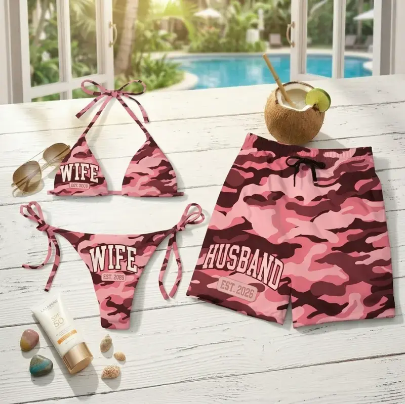 Hot Summer 2026 Matching Couple Swimwear Set, Pink Camo Wife Bikini & Husband Hawaiian Beach Shorts