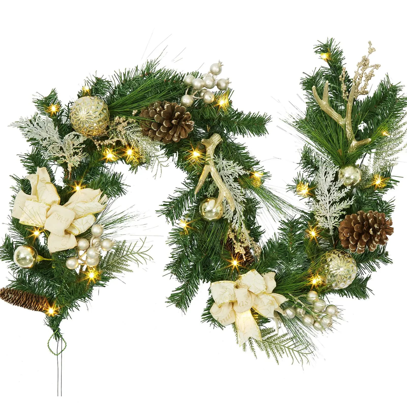 6FT Pre-Lit Christmas Garland - Gold with 20 LED Lights, Bow-Knot Ball Ornaments, Battery Operated with Timer for Mantle & Staircase Decoration
