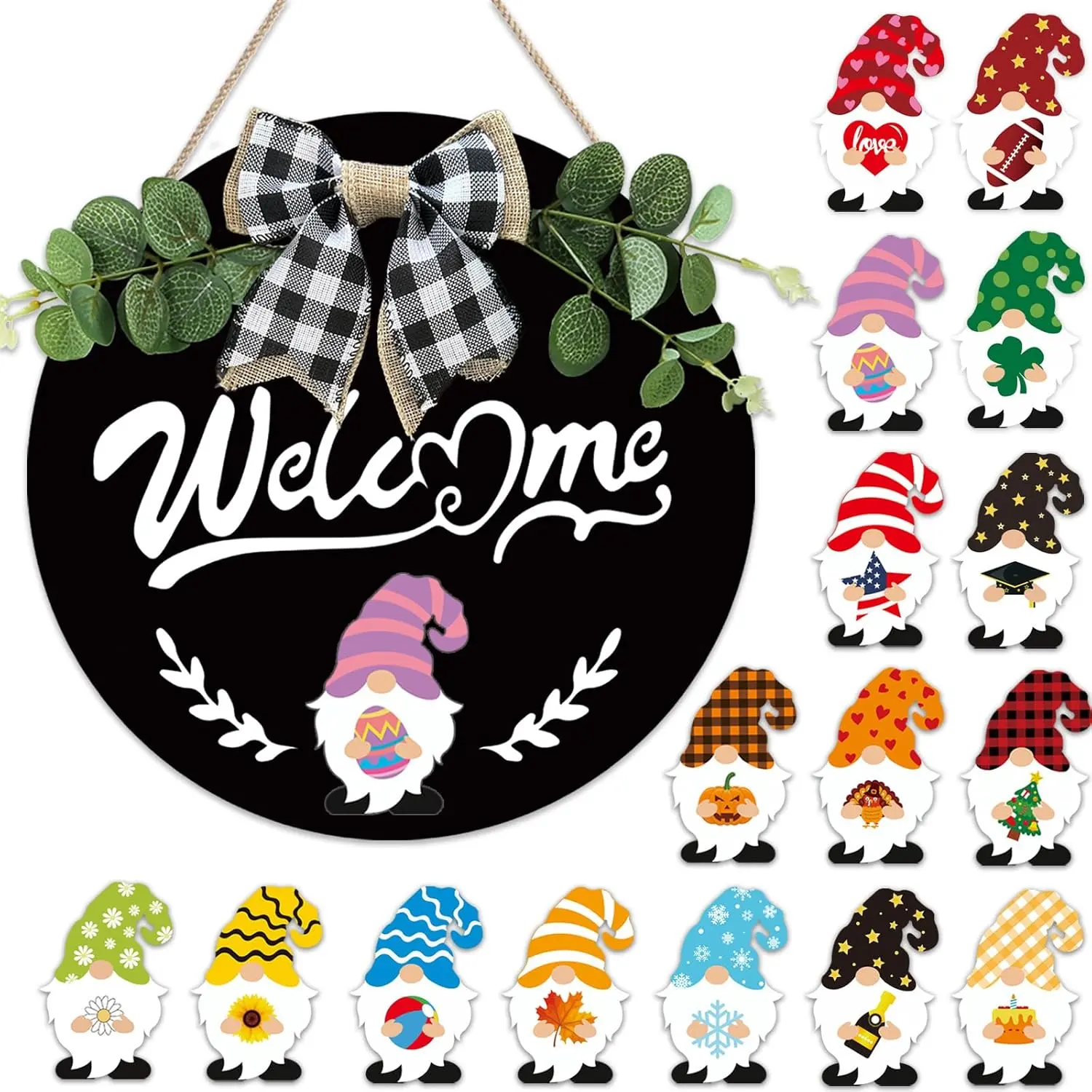 Interchangeable Welcome Sign for Front Door - 12 Inches Seasonal Gnome Decor Wooden Spring Wreath Decorations Home Classroom Easter House Warming Gifts New