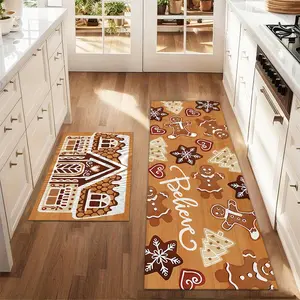 2Pcs Christmas And New Year Printed Kitchen Floor Mat Gingerbread Man Christmas Tree Snowflake Floor Mat Set Farmhouse Kitchen Carpet Restaurant Floor Laundry Room Decoration Carpet Mat Farmhouse Kitchen Rugs