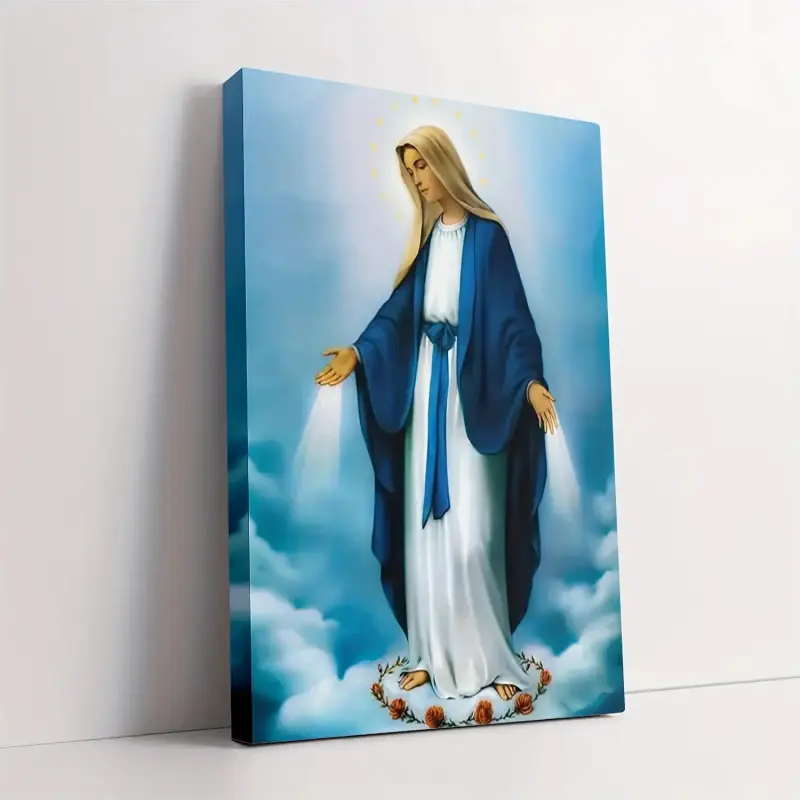 1 Piece Rosary Virgin Mary Wall Art - Wooden Frame Wrapped Canvas Painting Picture Image Prints, Traditional Religious Icon, Suitable for Room Decoration, Easter, Christmas Gifts, Modern Home Decor, Bohemian/Modern Style - 2D Flat Design
