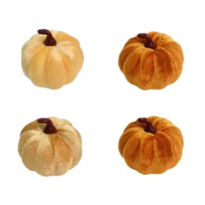 4pcs Velvet Pumpkins Decor Set, Artificial Fall Pumpkin Decor for Halloween Thanksgiving Harvest Table Centerpieces