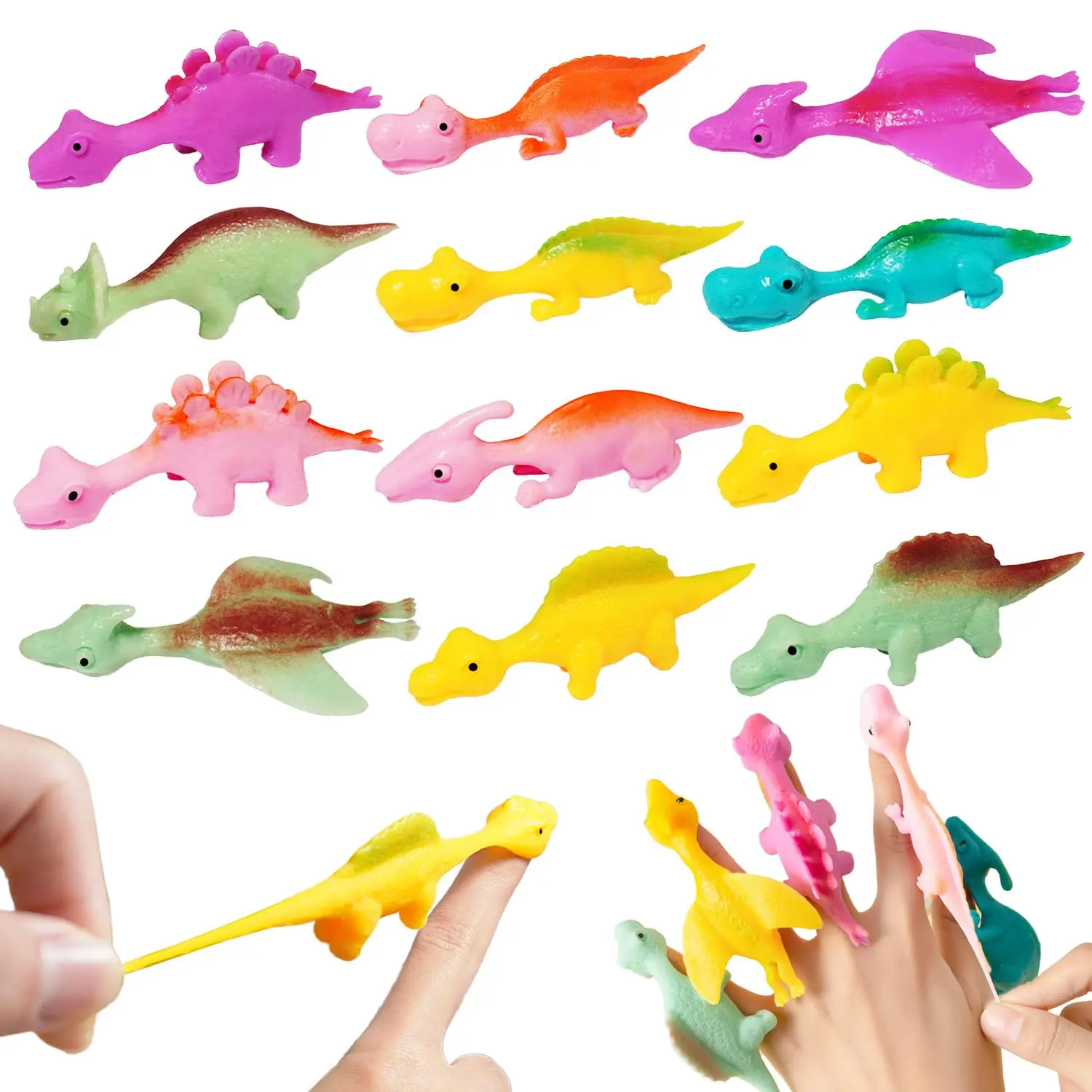 10-Piece Sticky Rubber Dinosaur Fidget Toys with Slingshot Finger Loops, Easter Egg Stuffers & Basket Fillers for Kids, Classroom Gift Gag Toys