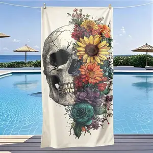 Skull Floral Art Beach Towel, Quick-Dry Polyester, Sand-Resistant, Sunscreen, Large Bath Sheet, Lightweight, Surfing, Swimming, Yoga Essential
