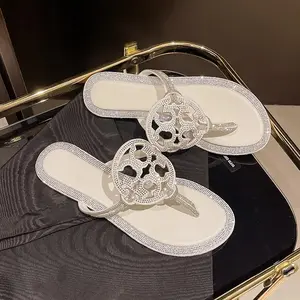 Women's Leather Flip Flops with Rhinestone Embellishment, Diamond Encrusted Flat Sandal Slippers