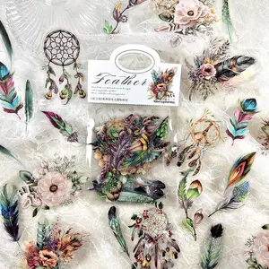Vintage Floral Feather Pet Stickers Pack of 40, DIY Scrapbooking Journal Decoration, Scrapbook Materials, Handmade Craft Supplies for Album Making