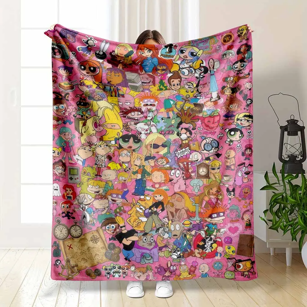Retro 90s Cartoons Flannel Blanket - Vibrant Nostalgic Anime Aesthetic, Super Soft Fuzzy, Cozy Plush Bedding for Couch/Sofa, Warm Bedspread for Bedroom Nap, Birthday Gift Home Comfort Travel Essential