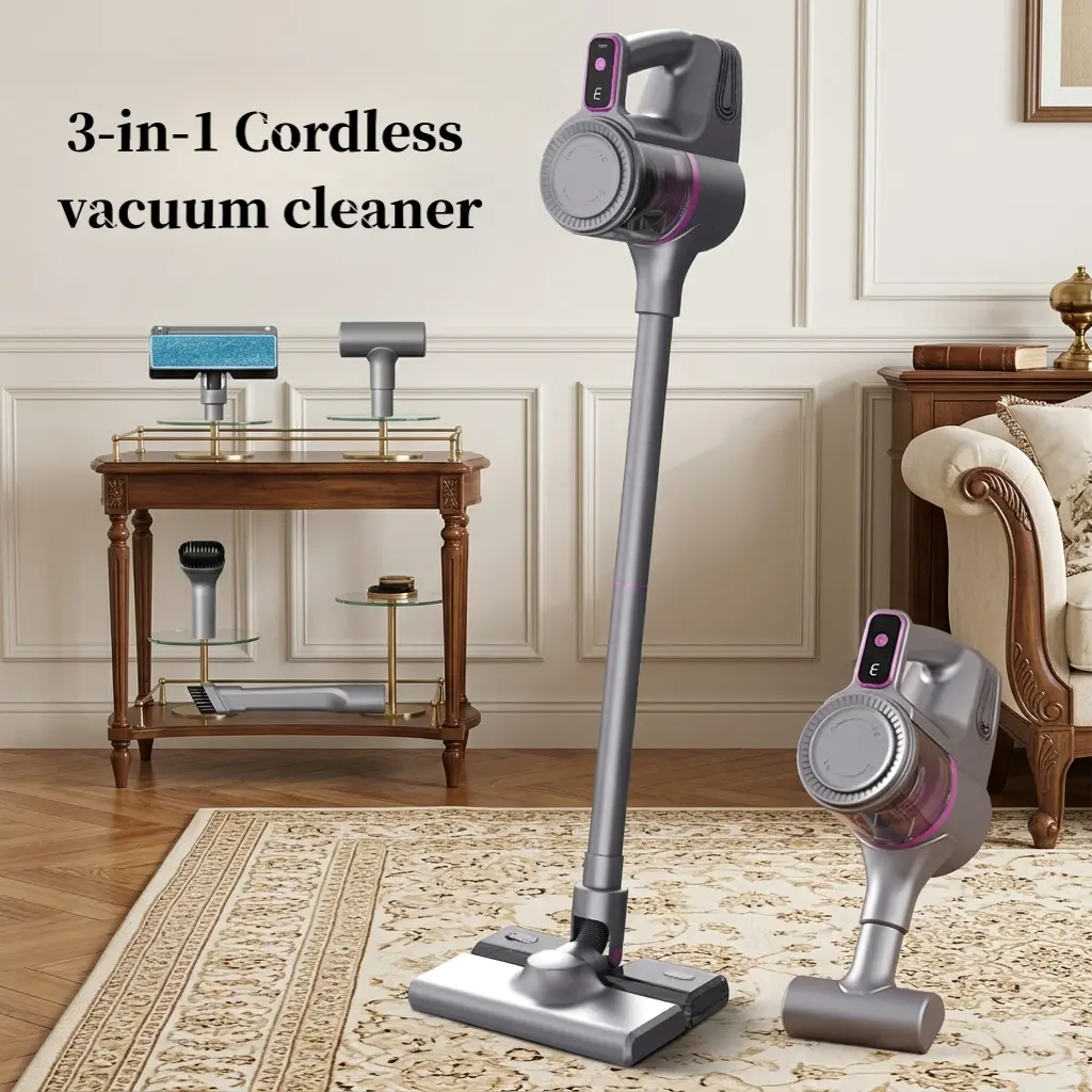 3-in-1 Cordless Upright Vacuum & Mop Combo, 15000Pa Strong Suction Portable Handheld Device, Pet Hair & Mite Remover with Interchangeable Heads, Whole House Vacuum (Gray, Purple)