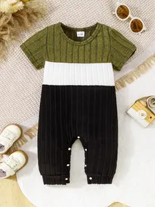 Baby Boys Knitted Jumpsuit, Vintage Casual Style, Ribbed Texture, Button Front Design, Easy Wear and Remove, Suitable for 0-18 Months, Baby Clothing