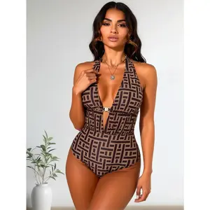2026 Summer Brown Geometric Print Halter One-Piece Swimsuit Deep V Neck with Ruched Tummy Control High Waisted Bottom Flattering for All Body Types Slimming One Piece Bathing Suit Must-Have for Beach Vacations & Viral Social Media Content tankini women