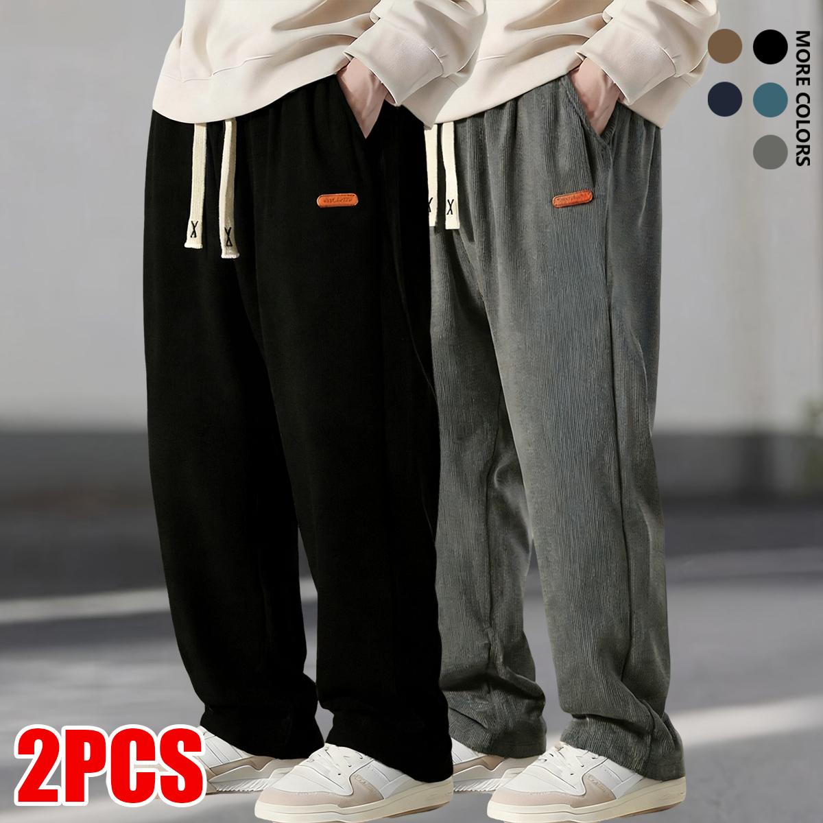 Men's loose straight cool mid-rise stretch drawstring side pocket corduroy casual pants with elastic drawstring waistband - machine wash comfortable suitable for everyday wear