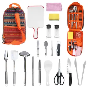 Camping Cooking Utensil Kit Compact Stainless Steel Set with Organizer Bag, Multifunctional for Outdoor Picnic, BBQ & RV Trips​