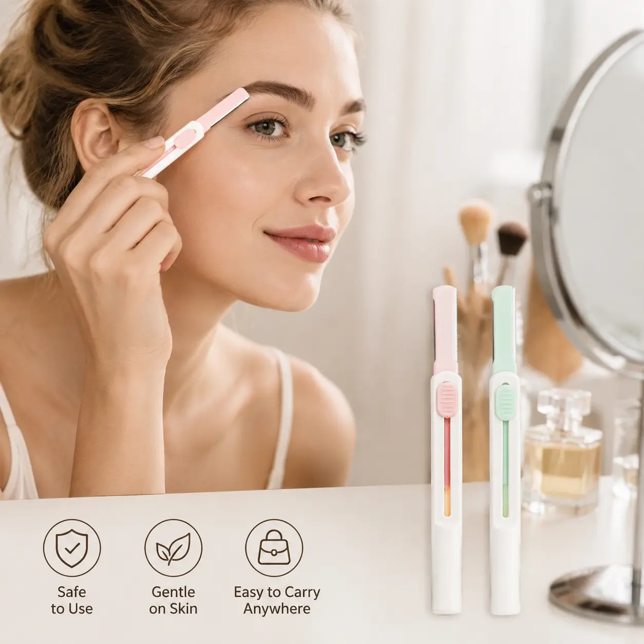 Mint 2-Piece Retractable Eyebrow Razor Set, Compact Makeup Tool with Stainless Steel Blade, Non-Slip Handle, Telescopic Design for Precise Daily Facial Eyebrow Trimming