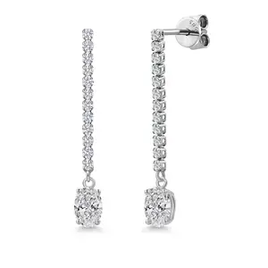 Gem Stone King 14K White Gold Lab Grown Diamond Long Liner Dangle Earrings for Women | 1.16 Cttw | Gemstone April Birthstone | Oval 6X4MM | White Gold Chain Drop Earrings