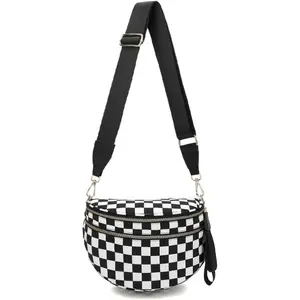 Checkered Nylon Crossbody Bags for Women  Crescent  Bag Crescent Fanny Pack  Bag Handbags (Black-White)