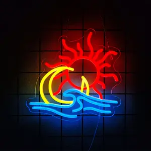 Sun Moon Waves Neon Sign for Wall Decor, Sun Moon Ocean Led Signs for Room, USB Sunrise Neon Lights for Bedroom Home Living Room Party Game Zone Man Cave Pub Office Wall Art,Easy to Install.