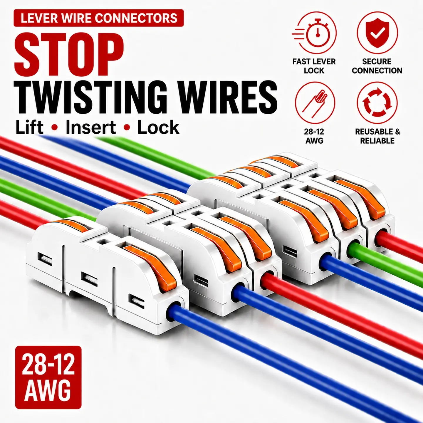Push-In Lever Wire Connector Kit, 28-12 AWG Reusable Connectors for Home Wiring, Lighting & DIY Repair