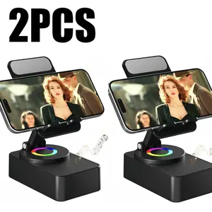 2PCS Wireless Audio Bluetooth Speaker 5in1 Phone Holder Emergency Rechargeable withColorful Ambient Light 300° Foldable for Tablet iPhone Android, Gifts for Men Women ，Black with LED Nightlight Wireless Induction Bluetooth Speaker Stand