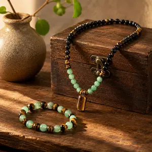Tiger Eye Obsidian Beaded Necklace Bracelet Set for Women Men Green Aventurine Crystal Jewelry Set Feng Shui Protection Necklace Good Luck Wealth Attraction Healing Stone Accessories Gifts