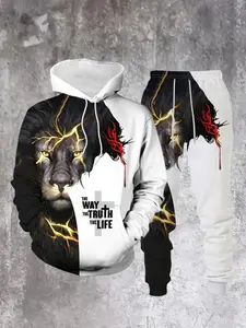 Men's Spring Fall Winter 3D Graphic Print Casual Fashion Lightning Lion Letter Cross Hoodie Set, Comfortable Polyester Two-Piece Suit, Clothes