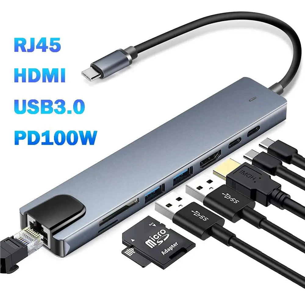 7-in-1 Multi-Port USB-C Hub Adapter - Plugs into USB-C Port, HDMI, Ethernet LAN, Desktop & Laptop Compatible, No Drivers Required, for Home Use