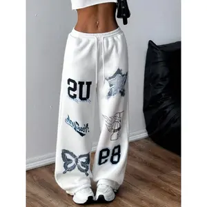 Women's Plants Print Drawstring Waist Wide Leg Sweatpants, Casual Pocket Elastic Waist Trousers for Fall & Winter, Fashion Women's Bottoms for Daily Wear