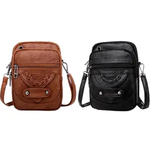 2PCS Set Small Cell Phone Purse Wallet Shoulder Bag Case Cross Body Pouch Handbag for Women in Brown & Black Colors PU Leather with Unique Embroidery Design