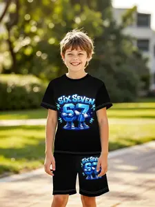 Boys' 3D Short Sleeve Graphic Print Set, Trendy Cartoon Number 67 Print Two-Piece, Casual Lightning Wind Kids Clothing, Perfect for Outdoor, Holiday Gifts