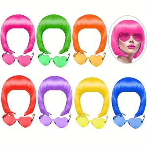 14 Pieces Party Wigs and Sunglasses Suit, Neon Short Bob Wig Sunshine Mirrior Bag Costume Colorful Cosplay Wig Daily Party Hair Accessories Bachelor Neon Party Gifts, Halloween and Decorations (7wigs & 7glasses)