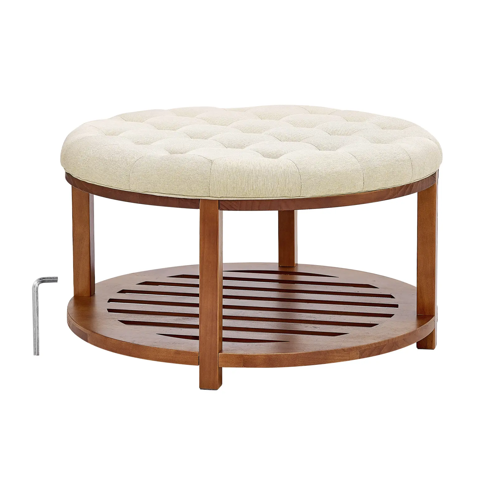 Linen Upholstered Large Round Tufted Top Ottoman Table - 31.9in, Solid Pine Wood Shelf Storage, 350lb Capacity Footstool for Living Room Decor, Bedroom, Solid Wood