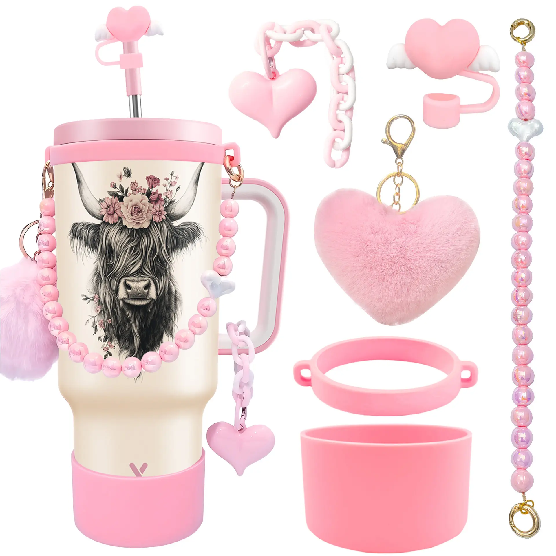 MEOKY 6pc Tumbler Accessories Set for 40oz, Includes Straw Topper, Strap Ring, Handle Strap, Cup Sleeve & Charms, Cute Decor Kit, Great Festive Gift #TikTokShopSummerSale