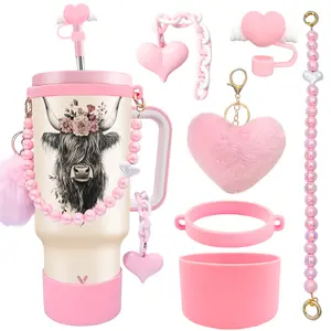 MEOKY 6pc Tumbler Accessories Set for 40oz, Includes Straw Topper, Strap Ring, Handle Strap, Cup Sleeve & Charms, Cute Decor Kit, Great Festive Gift