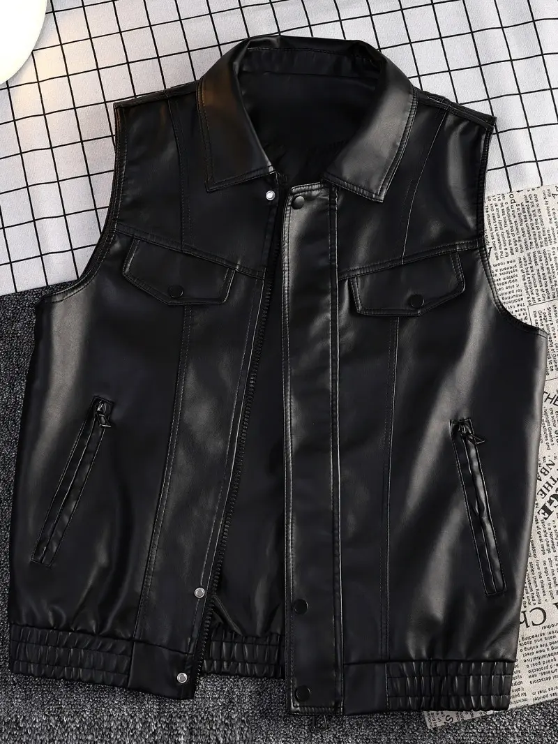 Women’s PU leather biker vest with turn-down collar, sleeveless loose vintage leather gilet, cargo-style sleeveless jacket with zipper and button closure, black leather vest for spring and autumn layering