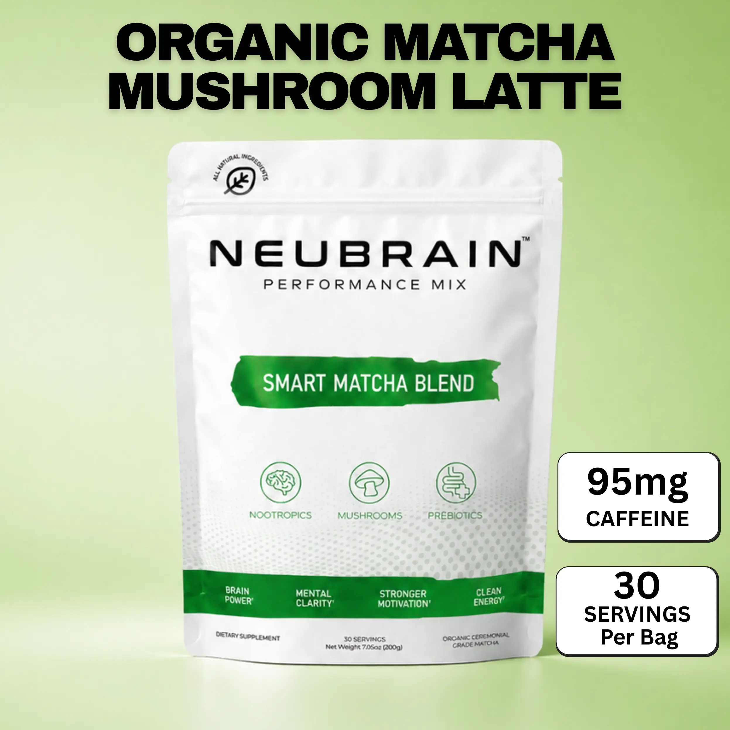 Neubrain Smart Mushroom Matcha with Organic Ceremonial Grade Japanese Matcha, Collagen, Alpha-GPC & Lion's Mane for Focus, Calm Energy & Clarity – 5 Mushroom Fruiting Body Extract, 30 Servings