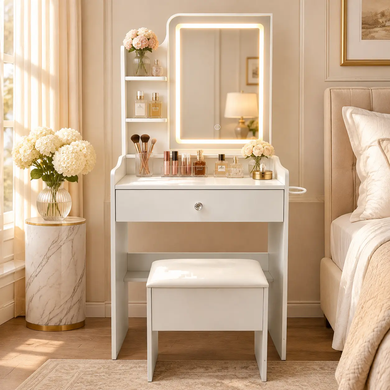 White makeup table set includes LED touch-control mirror; features storage compartments and a matching cushioned stool; suitable for various settings including bedrooms, living rooms, and dorms. gothic vanity furniture indoor sturdy open shelving shelf