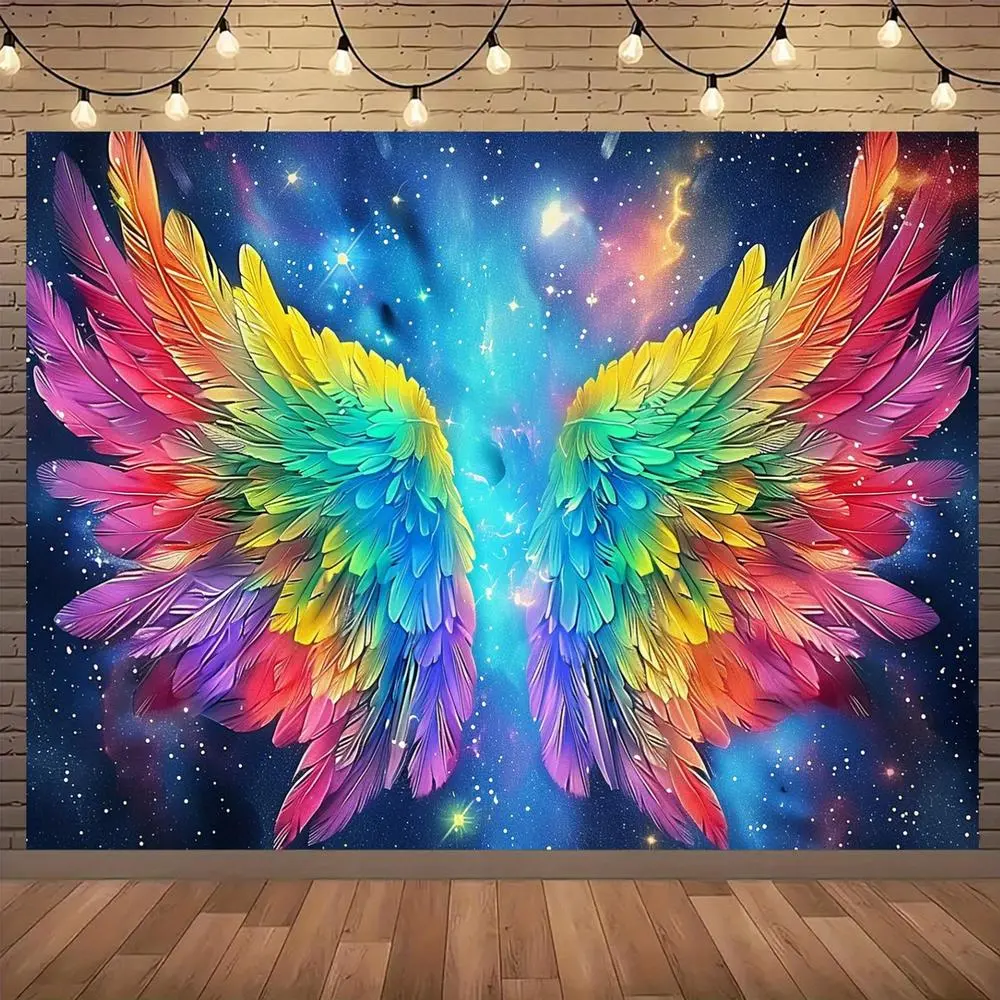 1pc Soft Durable 2D Flat Butterfly Wing Backdrop - Large Glam Cosmic Wings with Pink-Orange-Yellow-Green-Blue-Purple Rainbow Gradient, White Electrical Banner for Wedding, Photo Booth Indoor-Outdoor Decor