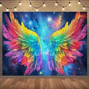 1pc 2D Flat Butterfly Wing Backdrop, Large Cosmic Angel Wings with Multicolor Gradient (Pink, Orange, Yellow, Green, Blue, Purple Rainbow), Indoor/Outdoor Decor for Birthday Wedding Photo Booth, White Electrical Banner