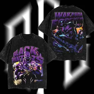SuperStyle Black Panther King T’Challa Wakanda Forever MCU Comics Oversize Soft Seamless Shortsleeve T-Shirt, Acid Washed Double Printed Cotton Apparel, Lightweight Streetwear Graphic Top for Men QOA
