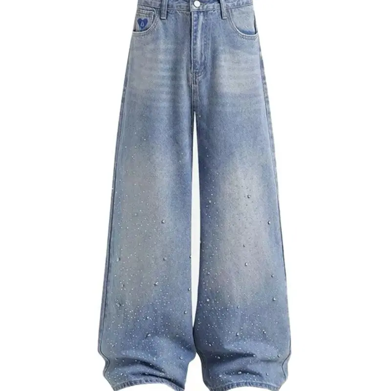 Aelfric Eden Rhinestone Application Loose Jeans Casual Soft Denim Pants Wide Leg Streetwear Trendy Bottoms Stylish Pocket Womenswear with Sparkling Rhinestones