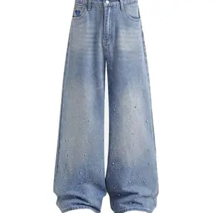 Aelfric Eden Rhinestone Application Loose Jeans Casual Soft Denim Pants Wide Leg Streetwear Trendy Bottoms Stylish Pocket Womenswear with Sparkling Rhinestones