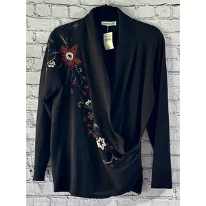 Coldwater Creek Embroidered Women's Sweater Long-Sleeve Black Wrap Blouse NWT