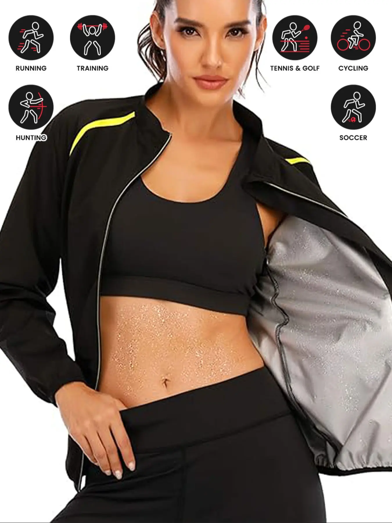 Women's Sweat Sauna Set, PU Coated Long Sleeve Zipper Stand Collar Jacket, Reflective Shaping Fitness Shirt, Running Yoga Gym Wear, Sports Yoga Jacket, Performance Zip Jacket, Sportswear Jacket, Workout Clothes Women