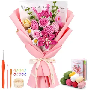 Crochet & Knitting Kit for Beginners, Rose-Pink Flower Bouquet Kit with Step-by-Step Video Tutorials, Ideal for Birthday Anniversary Wedding Party Gift Home Decor