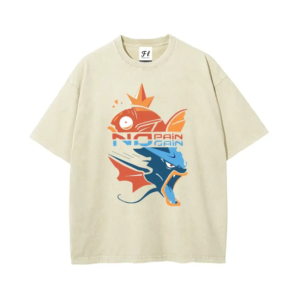 Men's Oversized Loose Fit Stretch Casual Short-Sleeve Washed Cotton T-Shirt - Pocket Monsters Magikarp Gyarados Evolution "No Pain No Gain" Graphic, Retro Vintage Distressed Unisex Anime Streetwear Top