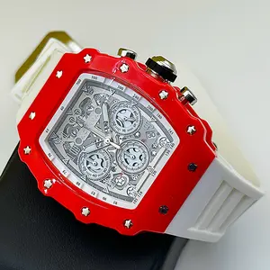 Invicta Men's Activa Fury X Watch – Skeleton Dial, Red Case, White Strap, Sport Style Skeleton Dial, Chronograph Style, White Silicone Strap