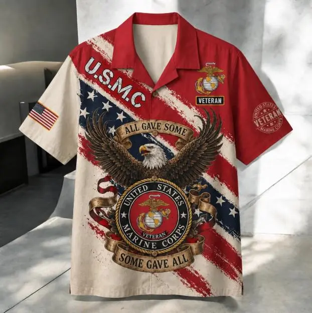 USMC Veteran United States Marine Corps Hawaiian Shirt Button Down Casual Summer