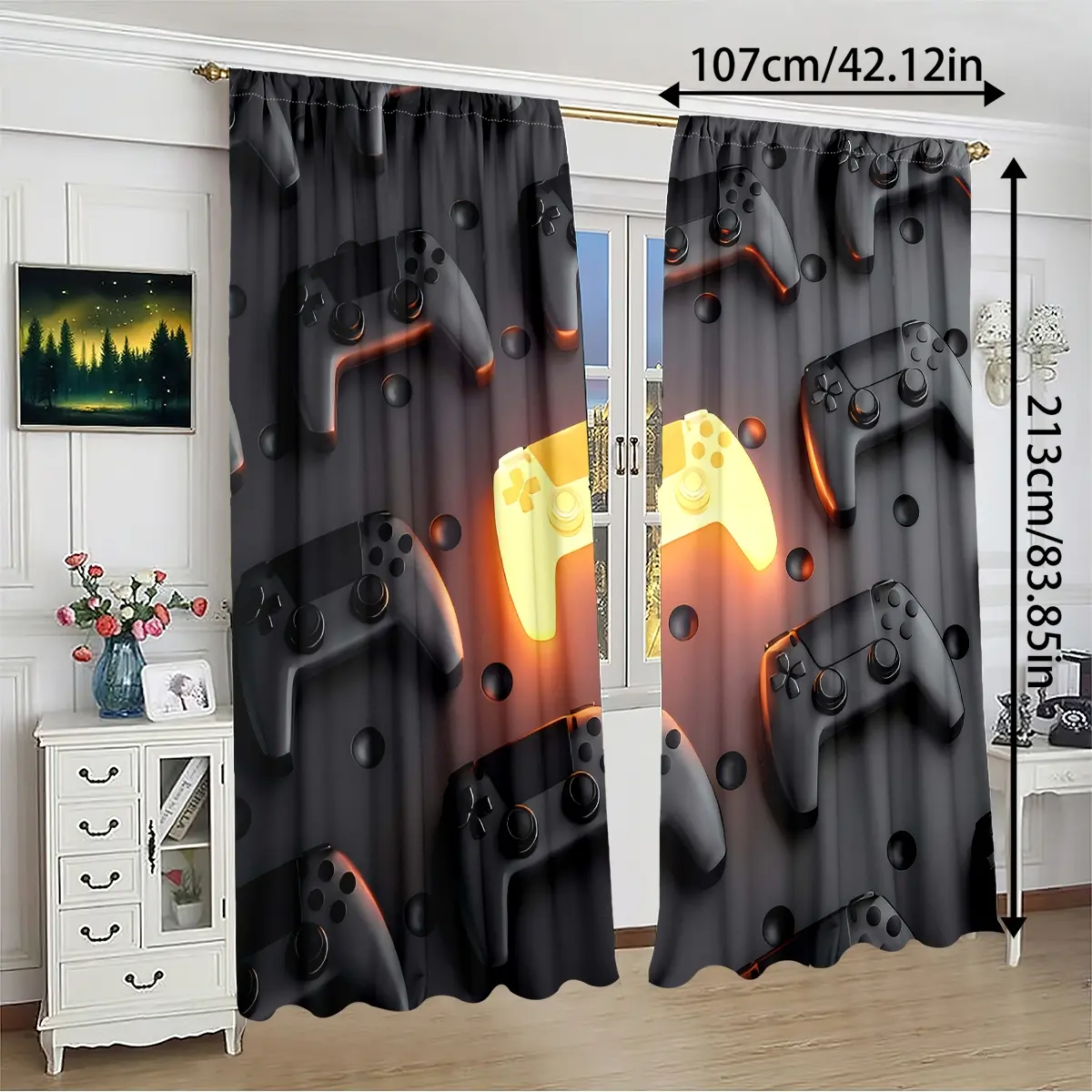 2 Piece Printed Curtains, Game Controller Pattern, Playful Game Controller Print, Rod Pocket Design, Easy to Hang, Vibrant Semi-Transparent Privacy Curtains, Window Curtains