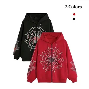 Trend Women's Halloween Spiderweb Graphic Street Hoodie,Zip Up Graphic Spiderweb Print Long Sleeve Goth Hoodie Fashion Womenswear Streetwear Oversized